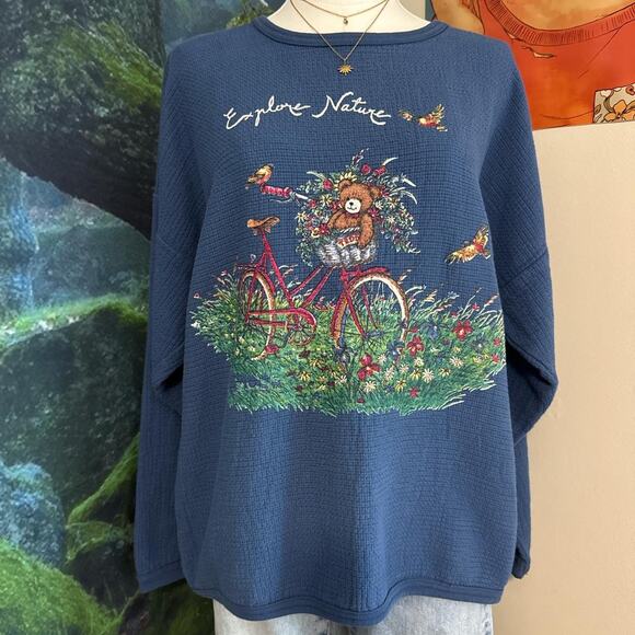 vintage teddy bear nature sweatshirt cottagecore embroidered chic m/l - Picture 2 of 5